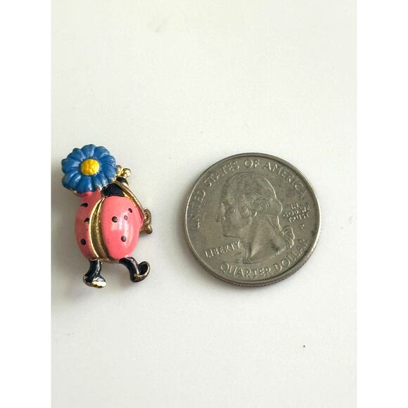 Miniature Made In Germany Signed Pink Lady Bug With‎ Blue Flower Pin Brooch - Picture 5 of 6